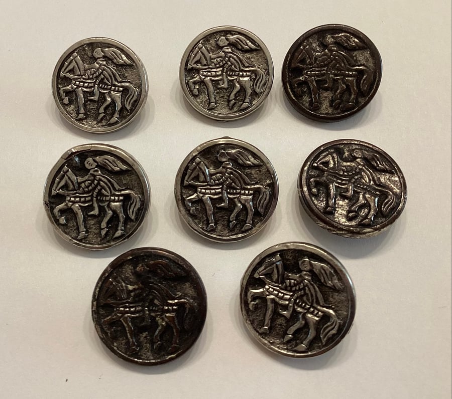 Buttons, silver coloured, knights on horse back design, vintage, retro