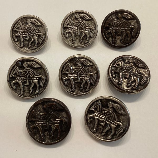 Buttons, silver coloured, knights on horse back design, vintage, retro