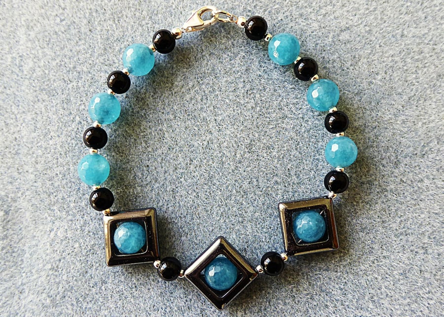 Geometric Bracelet with Hematite, Green Agate, Mood Beads and Sterling Silver