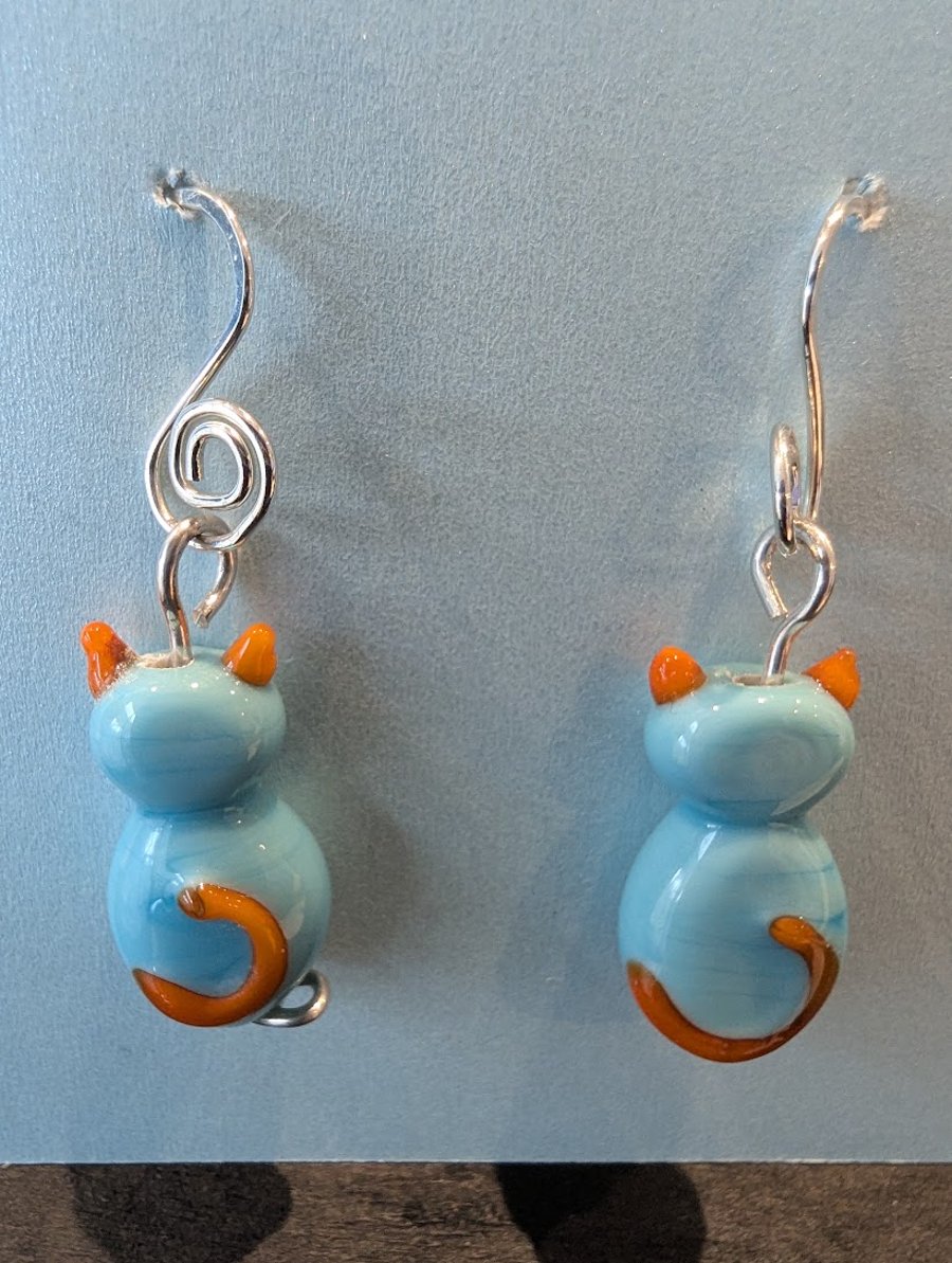 Handmade Murano Glass Cats in Blue and Orange Earrings - Folksy