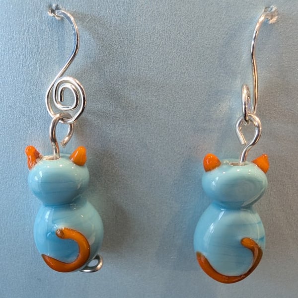 Handmade Murano Glass Cats in Blue and Orange Earrings