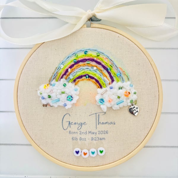 Rainbow Baby Keepsake Hoop Personalised Birth Announcement Handmade New Baby Gif