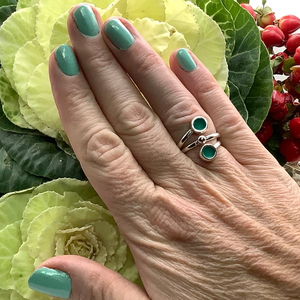 Sterling silver and pale teal green enamel adjustable ring 