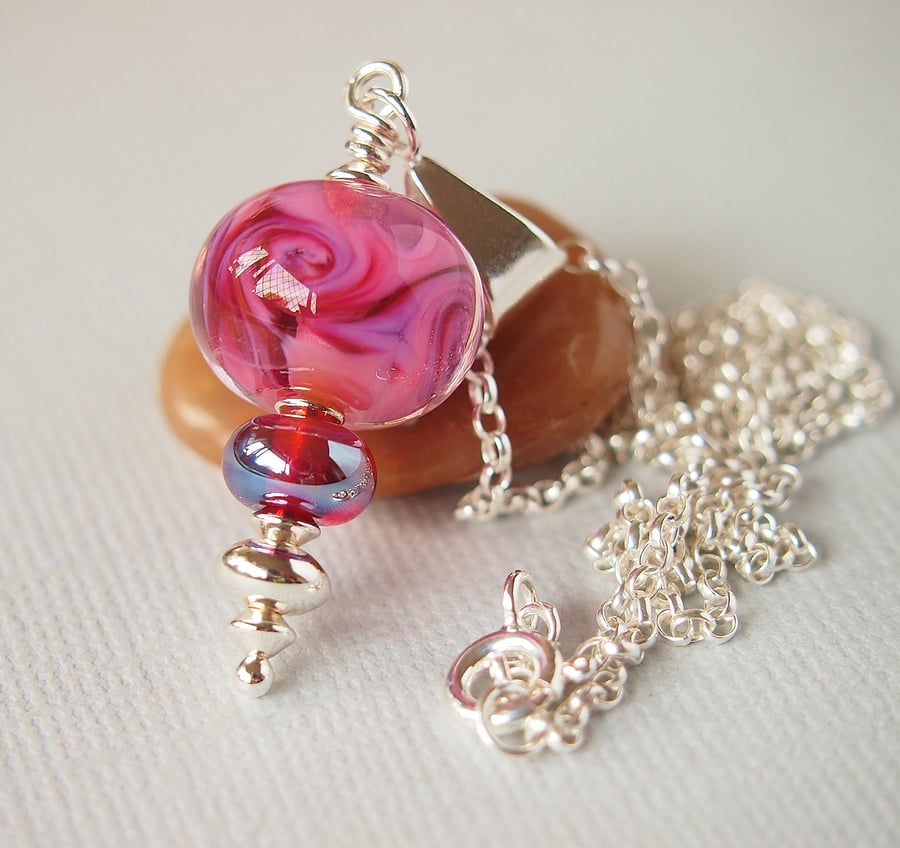 Pink Lampwork Glass Pendant Sterling Silver with Chain
