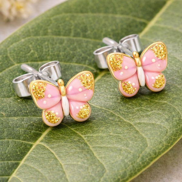 Pink Butterfly Stud Earrings – Clay & Resin, Sterling Silver Posts