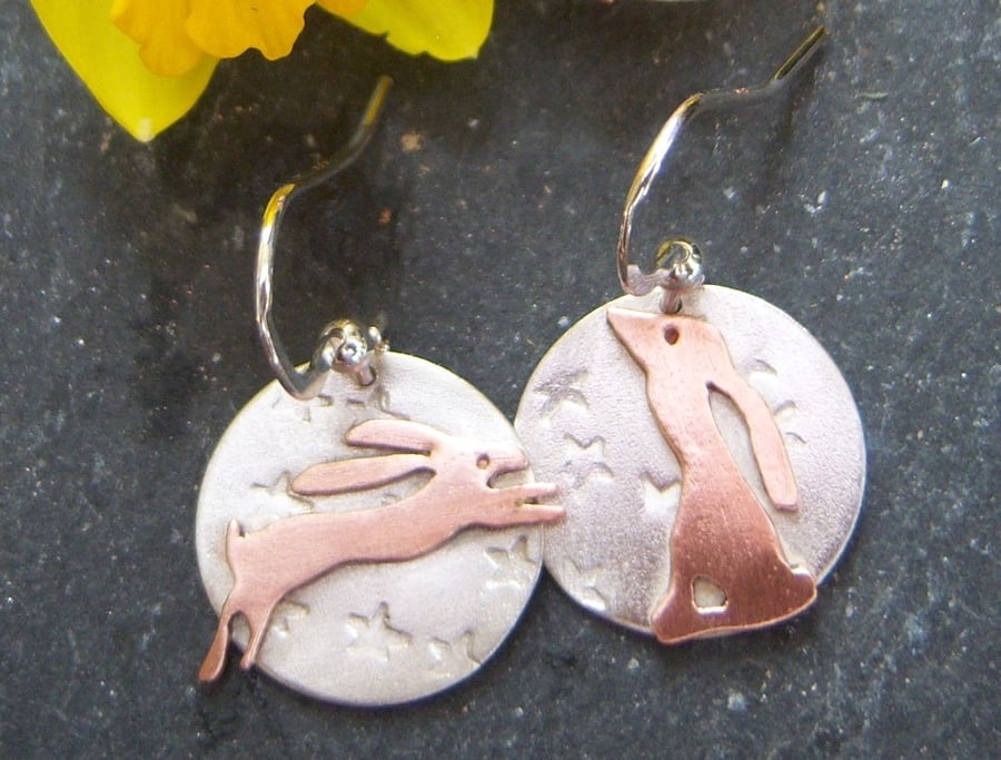 Hare and moon earrings in sterling silver and copper