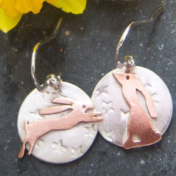 Hare and moon earrings in sterling silver and copper