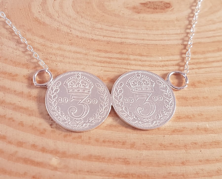 Sterling Silver Upcycled Double Threepence Necklace