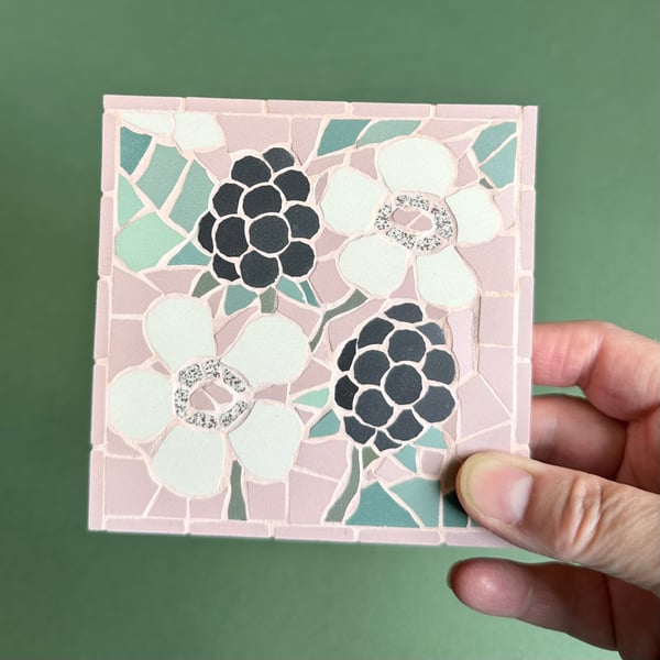 Mosaic Floral Art - Blackberry Mosaic Wall Plaque in Pastel Pink