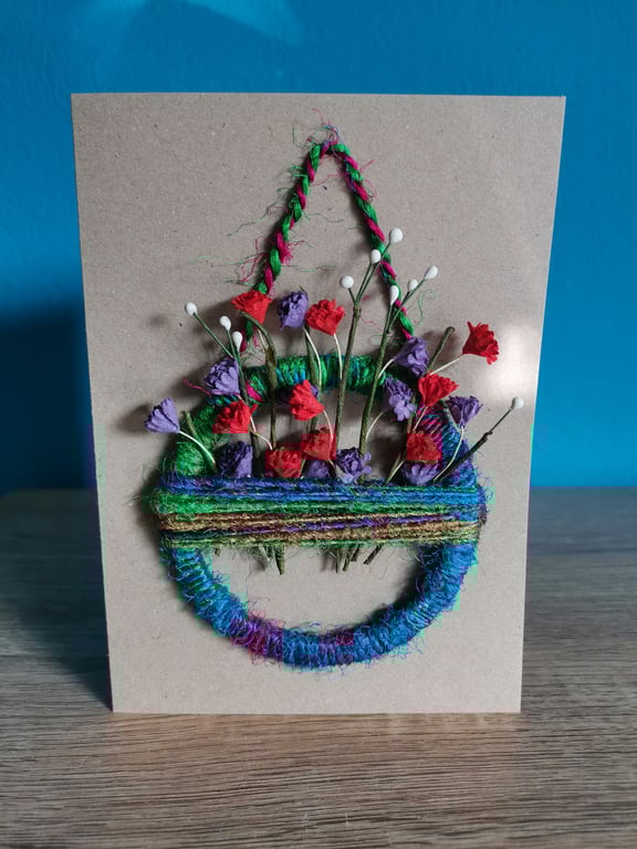 Blue Red Green mini flower wreath - luxury keepsake greeting card 