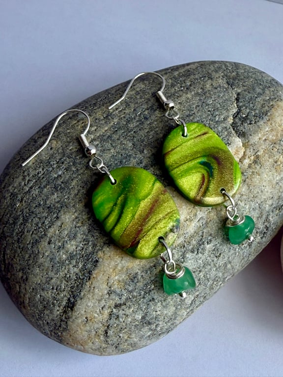 Green and Gold Tone Polymer Clay Drop Earrings with Green Aventurine 
