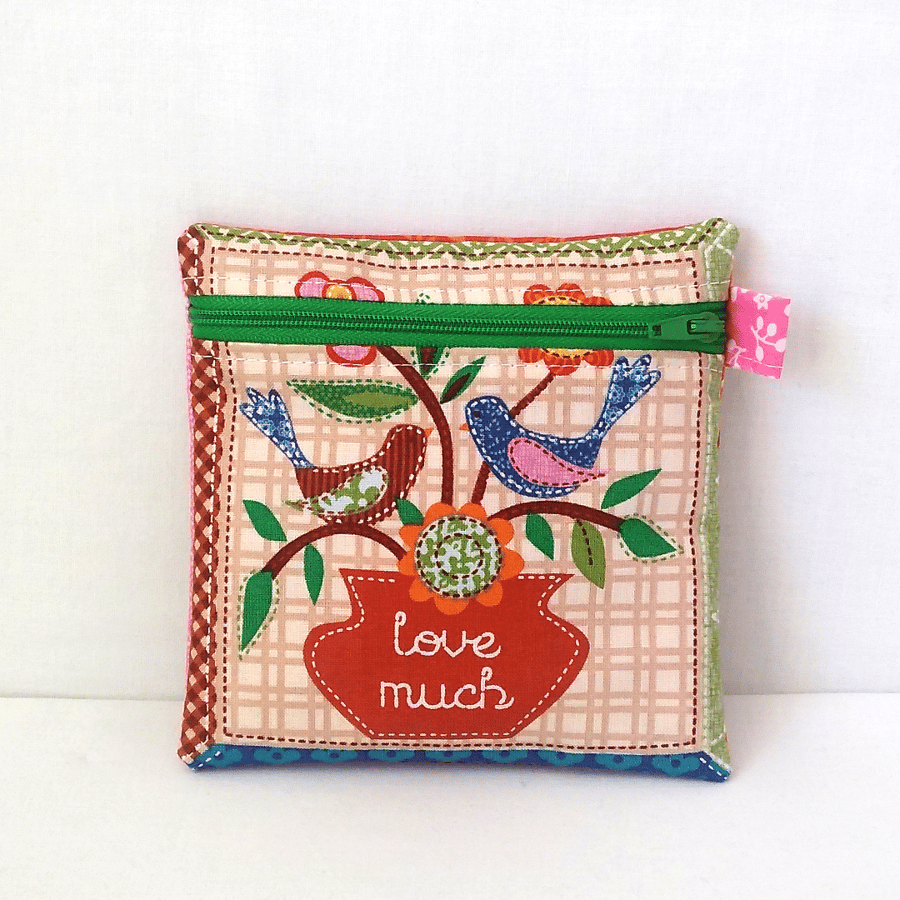 Square zipped pouch with birds and positive messages, POSTAGE INCLUDED