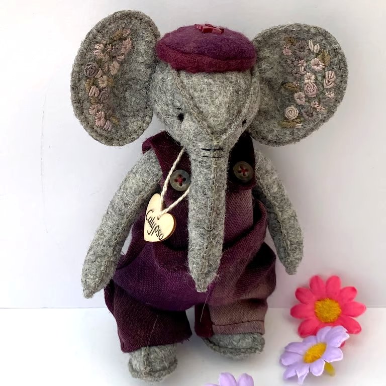 Elephant, collectable hand embroidered dressed artist bear, hand sewn elephant