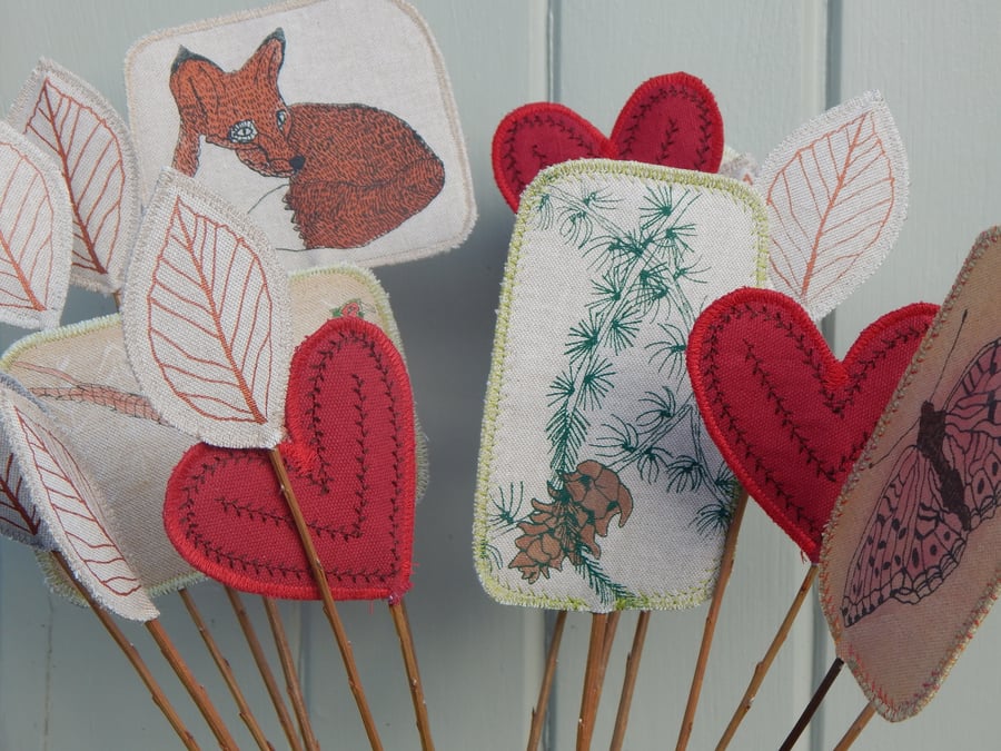 Woodland creatures  - Screen printed fabric and willow flowers