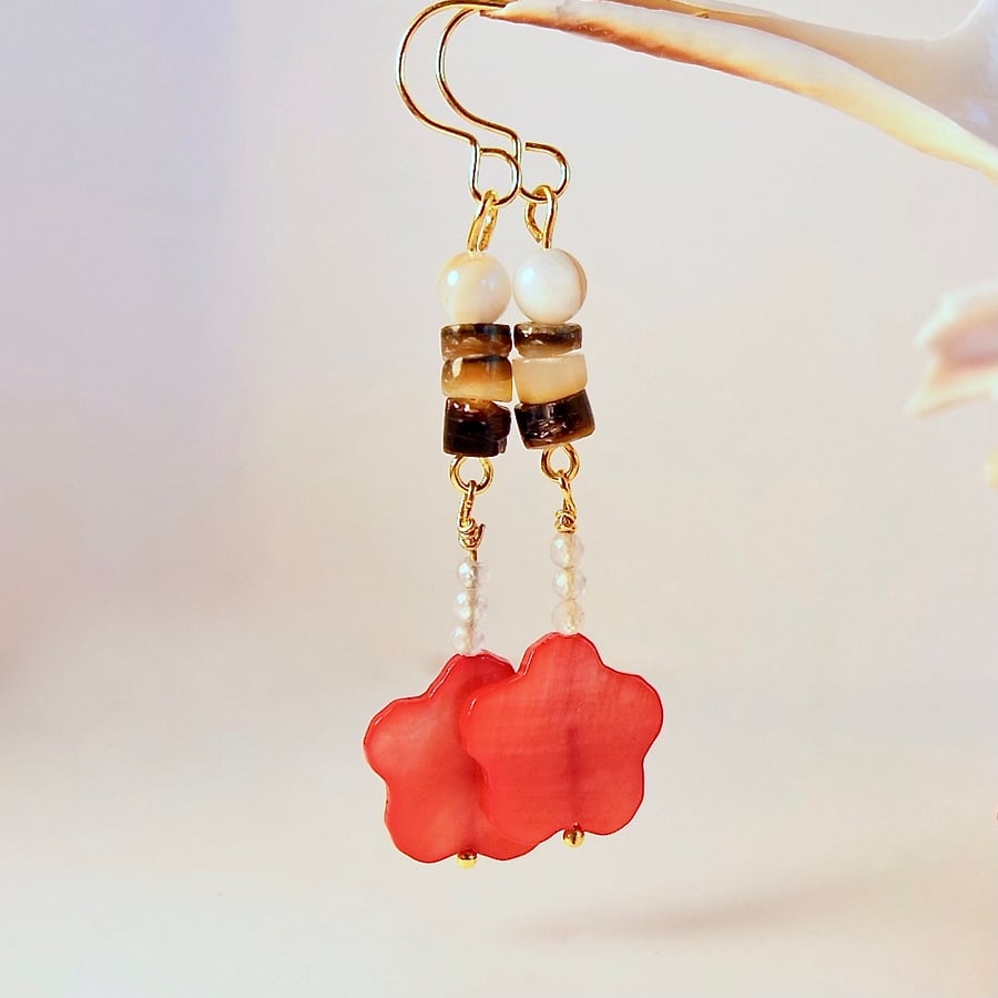 Mother Of Pearl Flower And Shell Earrings - Handmade In Devon