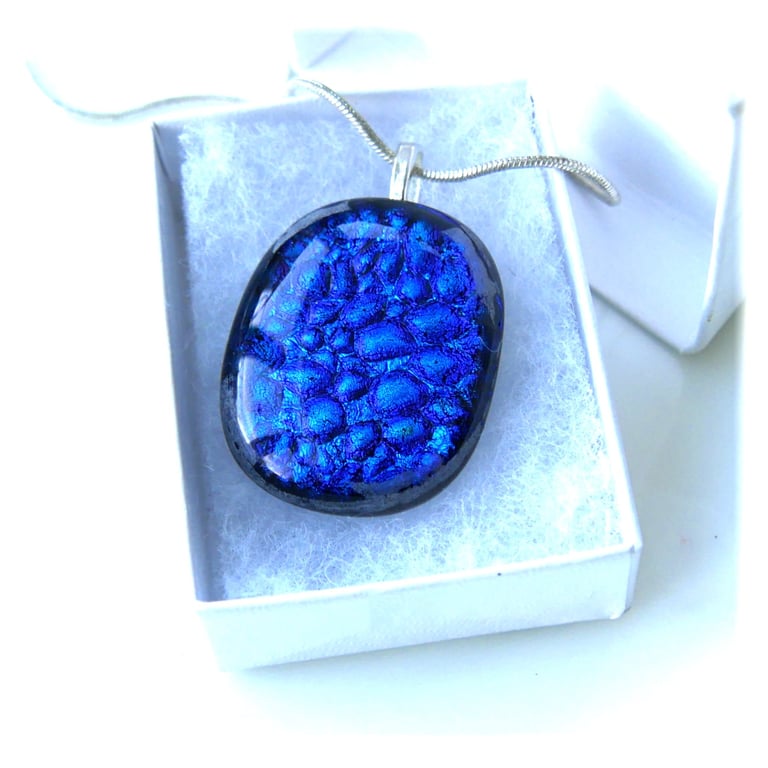 Blue Sparkly Dichroic Fused Glass Pendant 271 silver plated chain handmade gift