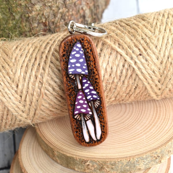Purple Fungi Foray. Pyrography key ring.