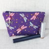 Make up bag, zipped pouch, cosmetic bag, dragonflies