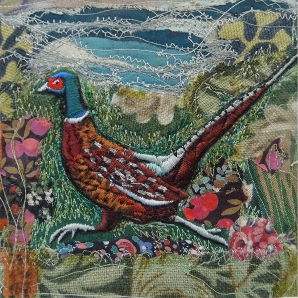 Running Pheasant - Original Embroidery Collage