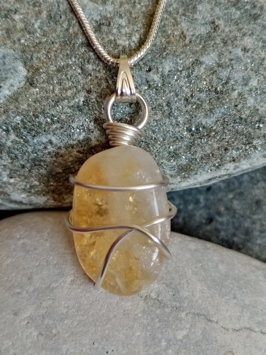 Wire-wrapped natural Citrine tumble stone 