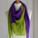 Lace shawl hand knit in a merino wool and silk yarn in amethyst purple and green