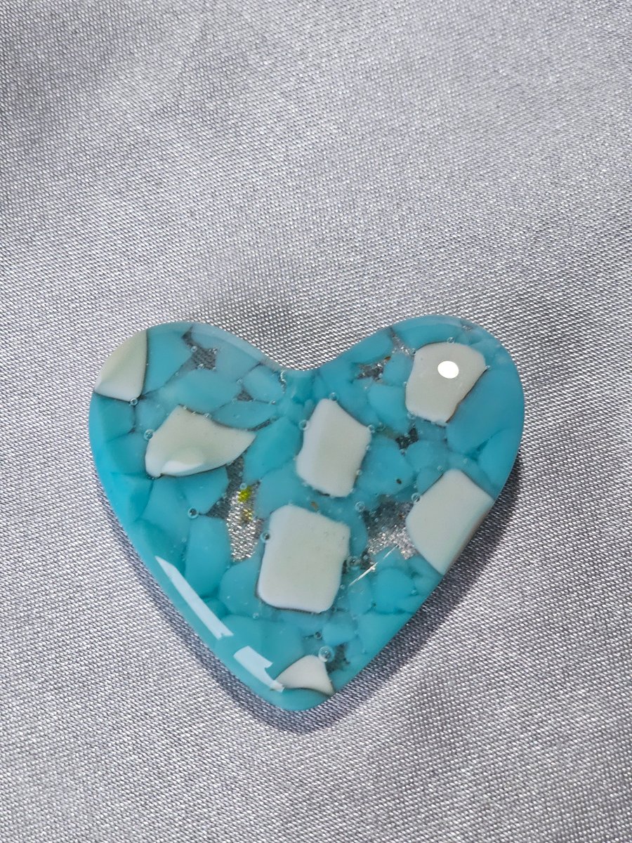 Fused Glass Pocket Heart - Cloudy Aqua and Vanilla
