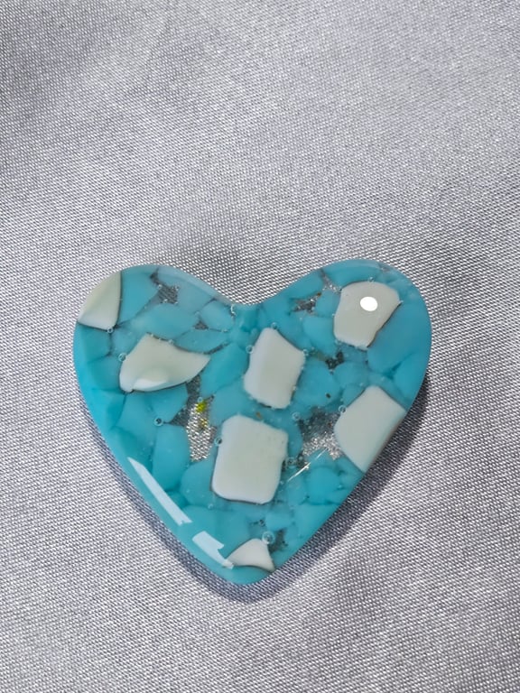 Fused Glass Pocket Heart UK handmade - Cloudy Aqua and Vanilla