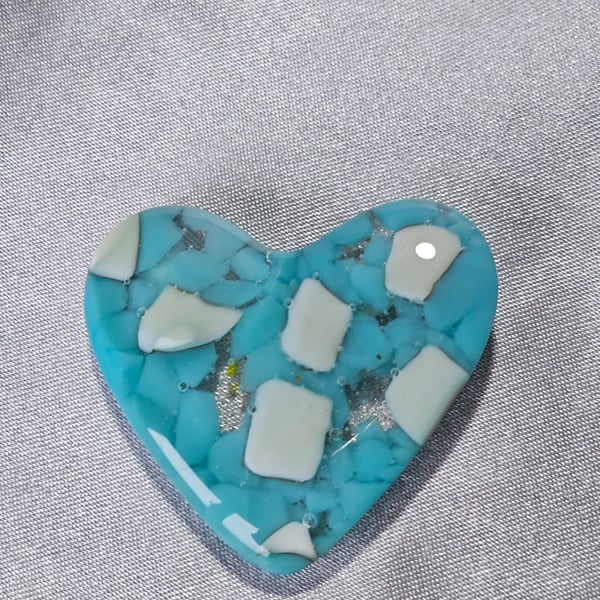 Fused Glass Pocket Heart - Cloudy Aqua and Vanilla