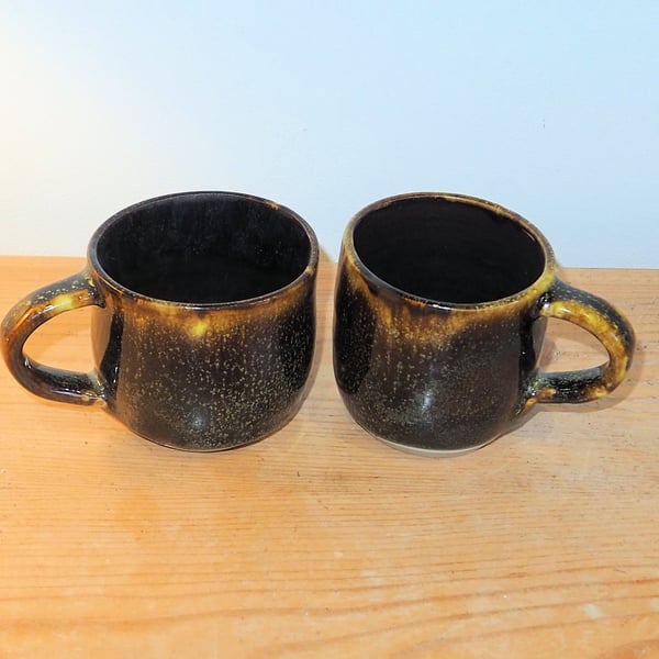 Perfectly Imperfect set of 2 mugs in a black & yellow glaze with speckles