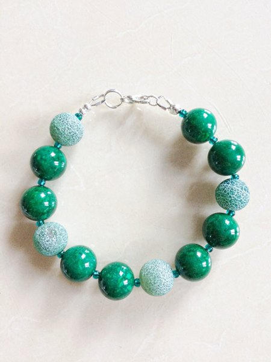  Green Fire Agate and Green Marble Bracelet and Matching Earrings.