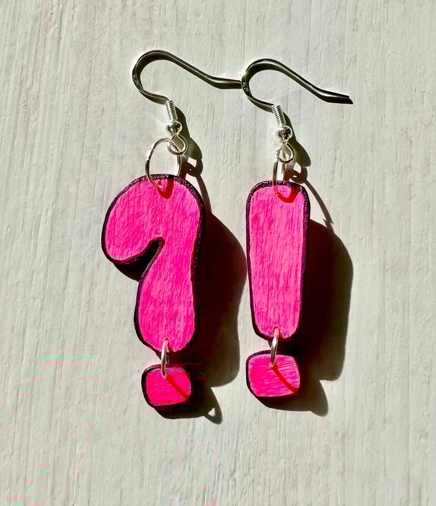 Wooden question mark and exclamation mark on silver plated earrings