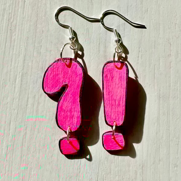 Wooden question mark and exclamation mark on silver plated earrings