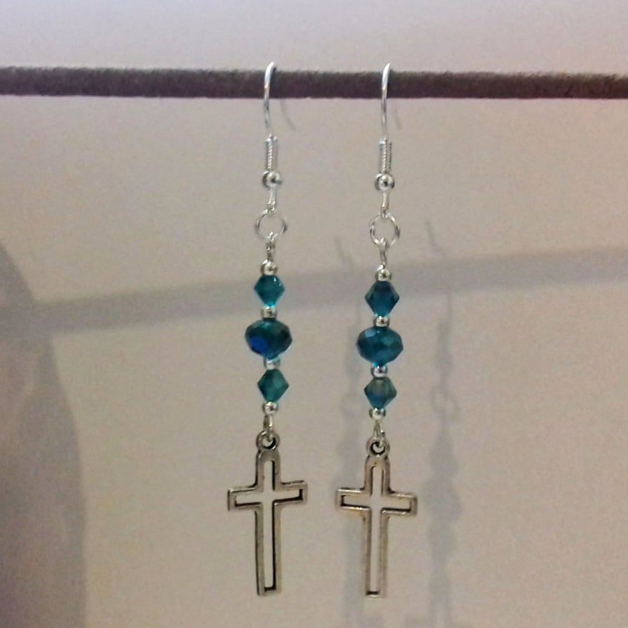 Teal Crystal Cross Silver Plate Dangle Earrings