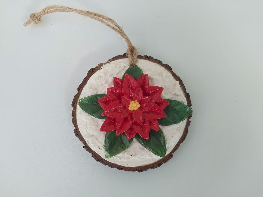 Christmas Poinsettia log slice hanging tree or home decoration