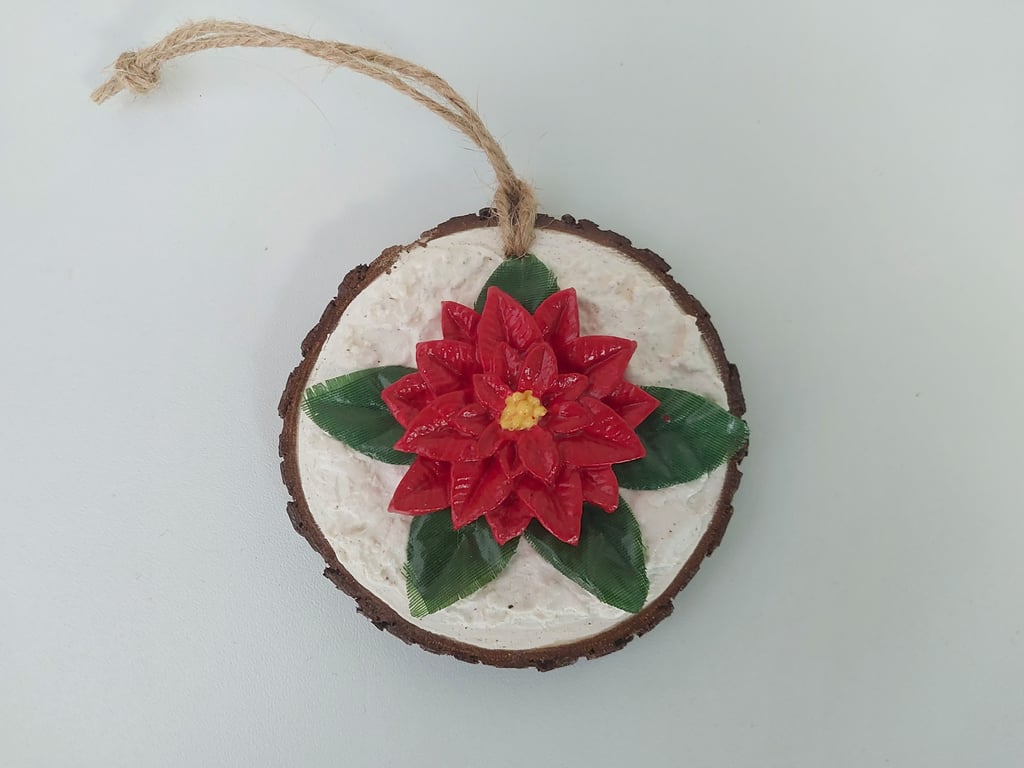 Christmas Poinsettia log slice hanging tree or home decoration