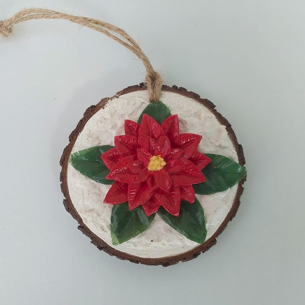 Christmas Poinsettia log slice hanging tree or home decoration