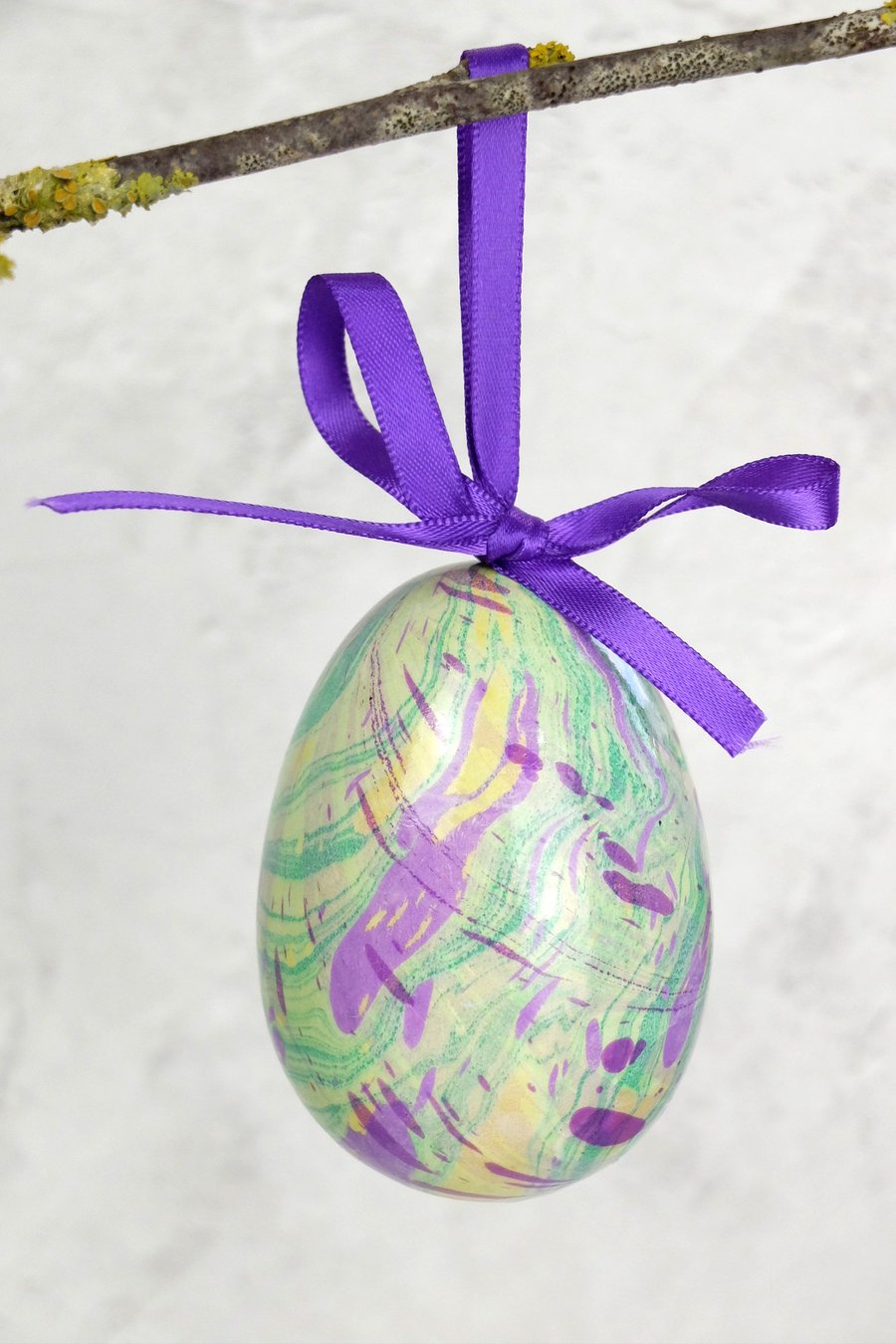 Easter marbled ceramic egg hanging decoration in purple and green  