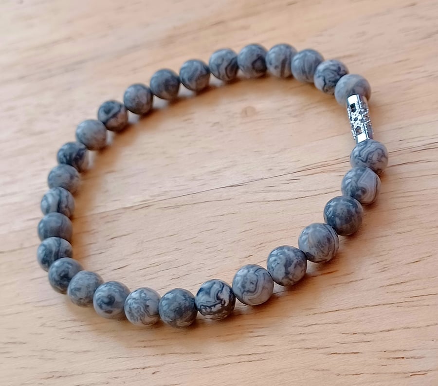 Grey Map Jasper Stretch Bracelet, 6mm Semi-precious Beads, Layering Bracelet 