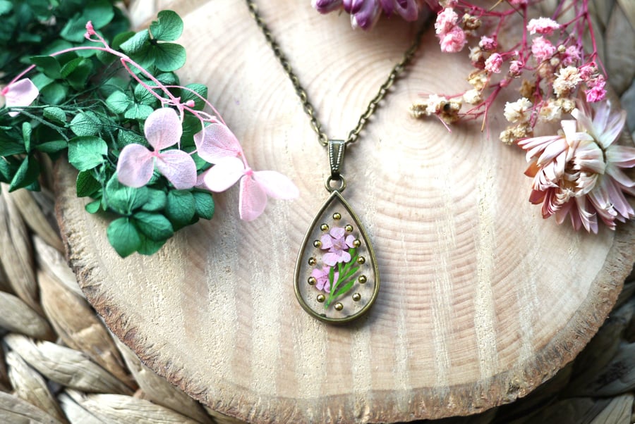 Floral Resin Pendant with real flowers and tiny Gold Gemstones