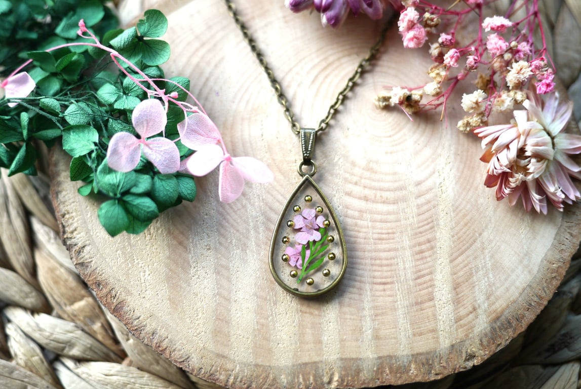Floral Resin Pendant with real flowers and tiny Gold Gemstones