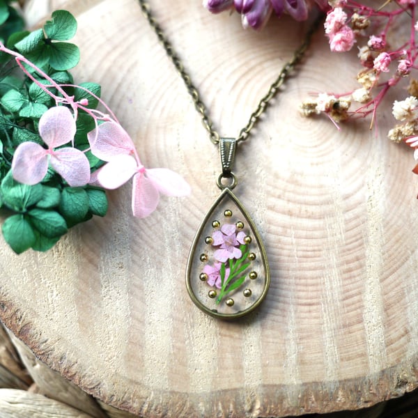 Floral Resin Pendant with real flowers and tiny Gold Gemstones