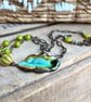 Handmade Turquoise and Lime Ceramic Leaf Necklace with Antique Brass Chain - Image 5