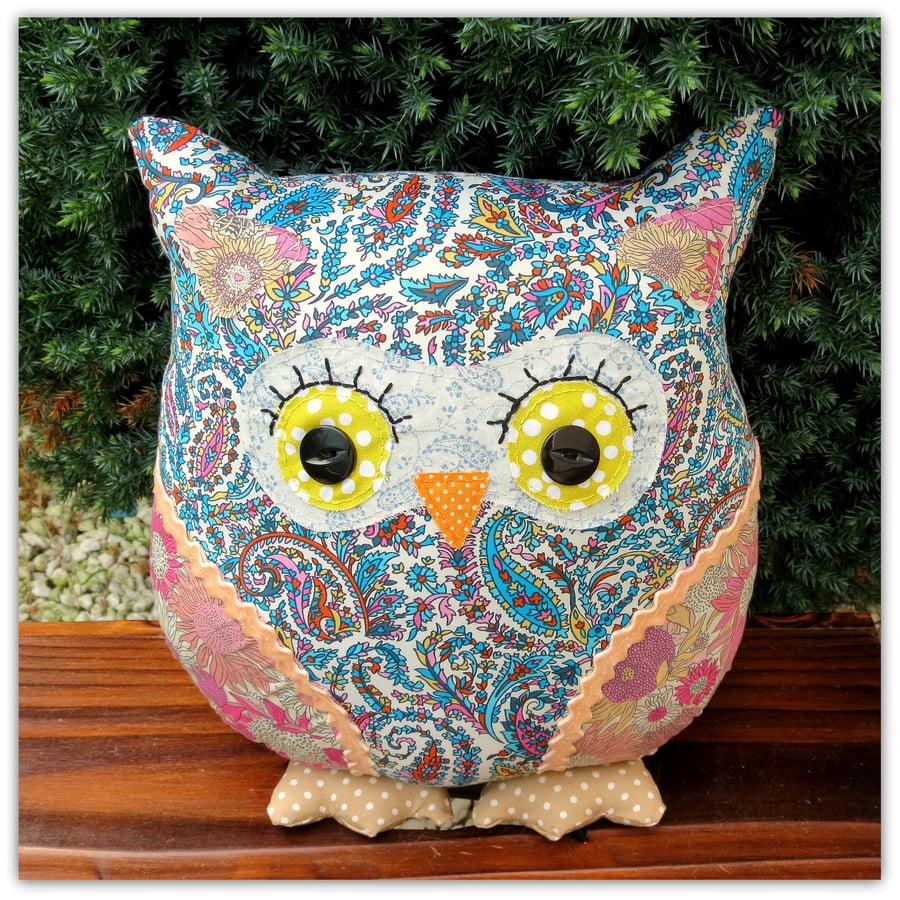 SALE!!!  Paisley Blue,  a 25cm tall owl cushion.