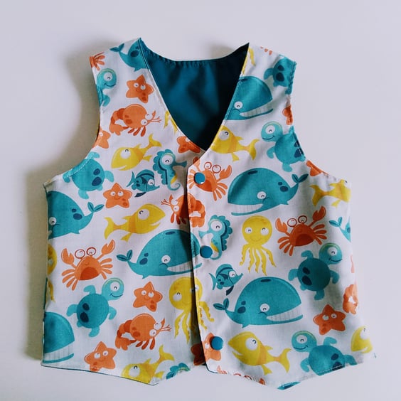 Waistcoat, Age 18 months, boys waistcoat, sea life, fish, turtle, crab, octopus
