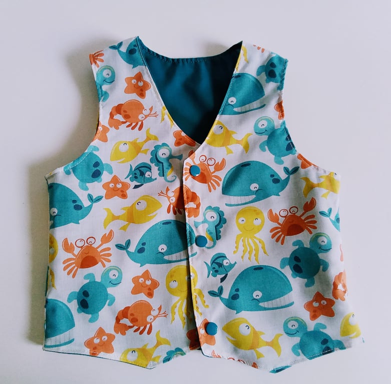 Waistcoat, Age 18 months, boys waistcoat, sea life, fish, turtle, crab, octopus