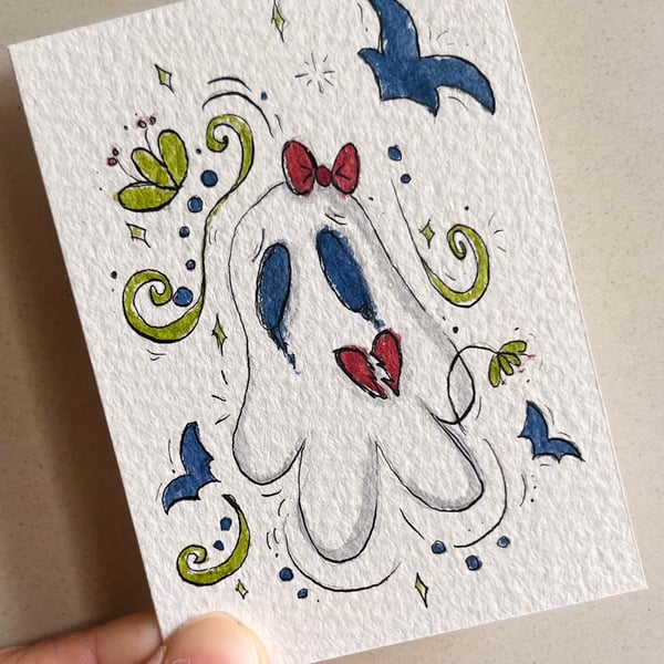 Sad Ghost, ACEO Watercolour and ink painting