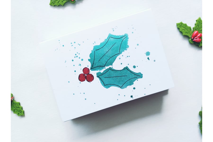 HOLLY CHRISTMAS Greetings Card pack, A7 Card, Blank Inside, Mini cards, xmas