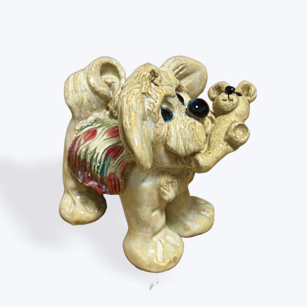Handcrafted Ceramic Dog carrying his Teddy Bear - just the cutest