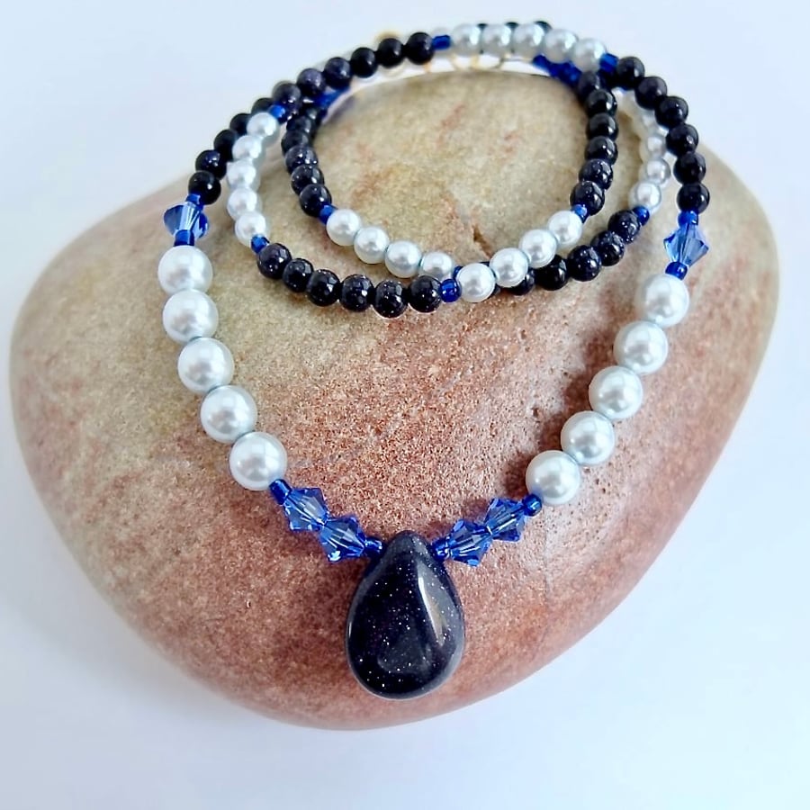 Blue Goldstone Pendant with Swarovski Crystals & Glass Pearls - Seconds Sunday
