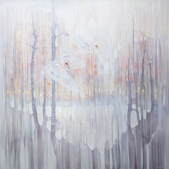 Out Of This World is a white, neutral toned, magical realism painting with owls